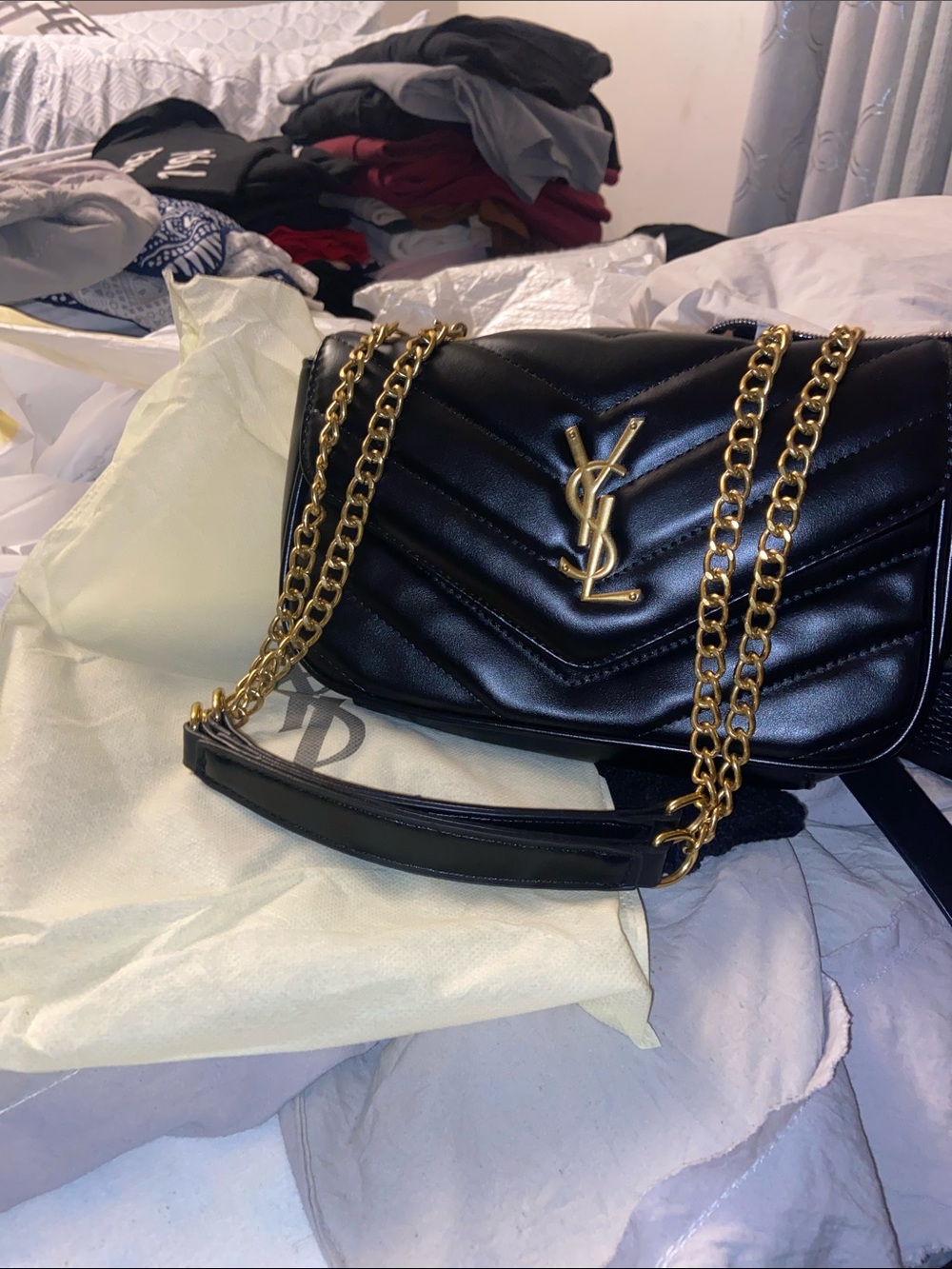 Y.S.L  Black Chevron Quilted Leather Shoulder Bag with Gold Chain